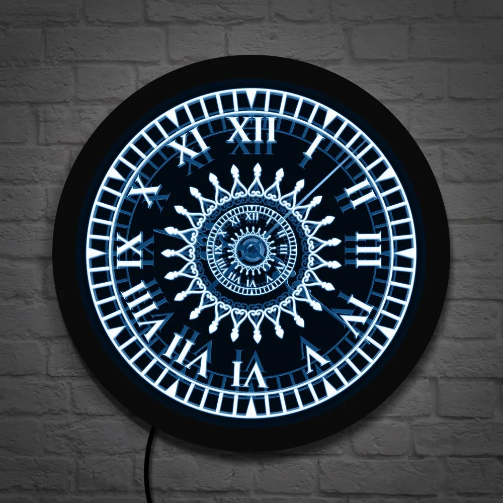 Mandala Flower Design Living Room Wall Decor LED Neon Sign Lighted 3D Wall Clock With Roman Numerals Spiritual Geometric Pattern