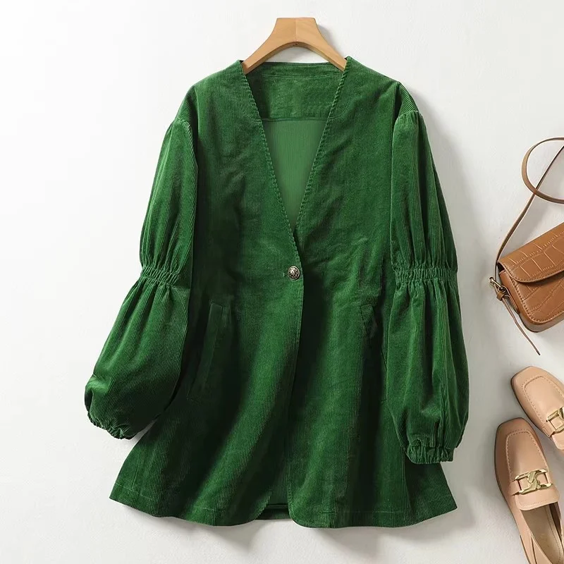 Corduroy Blazer Jacket Green Retro Women's Sping Autumn 2026 New Casual Versatile Premium Feel Suit Top W2234 ﻿