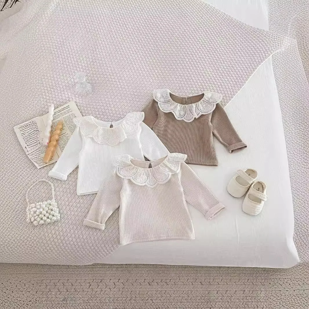 0-2 Year Autumn Ins Newborn Girls Undershirts Lace Collar Patchwork Toddler Girls Shirts Cotton Pit Striped Infant Girl Knitwear