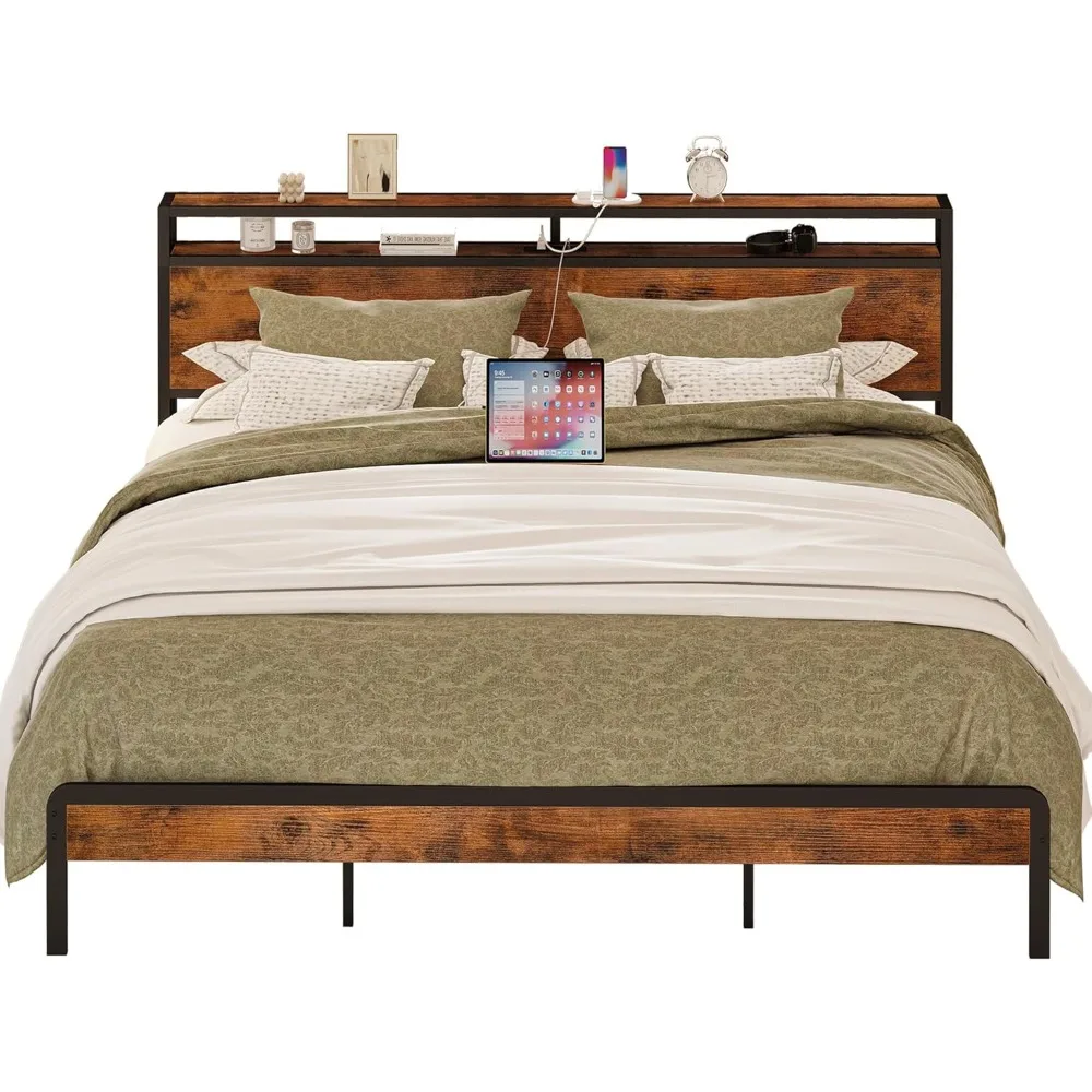 Bed Frame,Platform Bed with 2-Tier Storage Headboard and Power Outlets, USB Ports Charging Station, Sturdy and No Noise