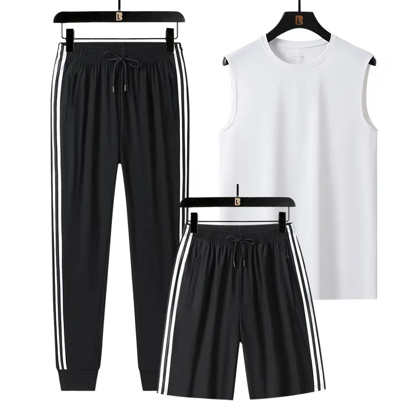 

Summer Men's High-quality Ice Silk Camisole Sportswear Round Neck Breathable Outdoor Sports Casual Pants Shorts 3-piece Set