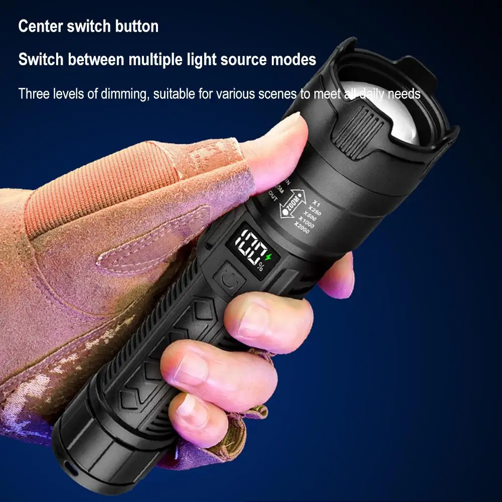 High Power Led Flashlights 2000LM Tactical With Display Light USB Charging Built-in Battery Hand Lantern Camping Outdoor Use
