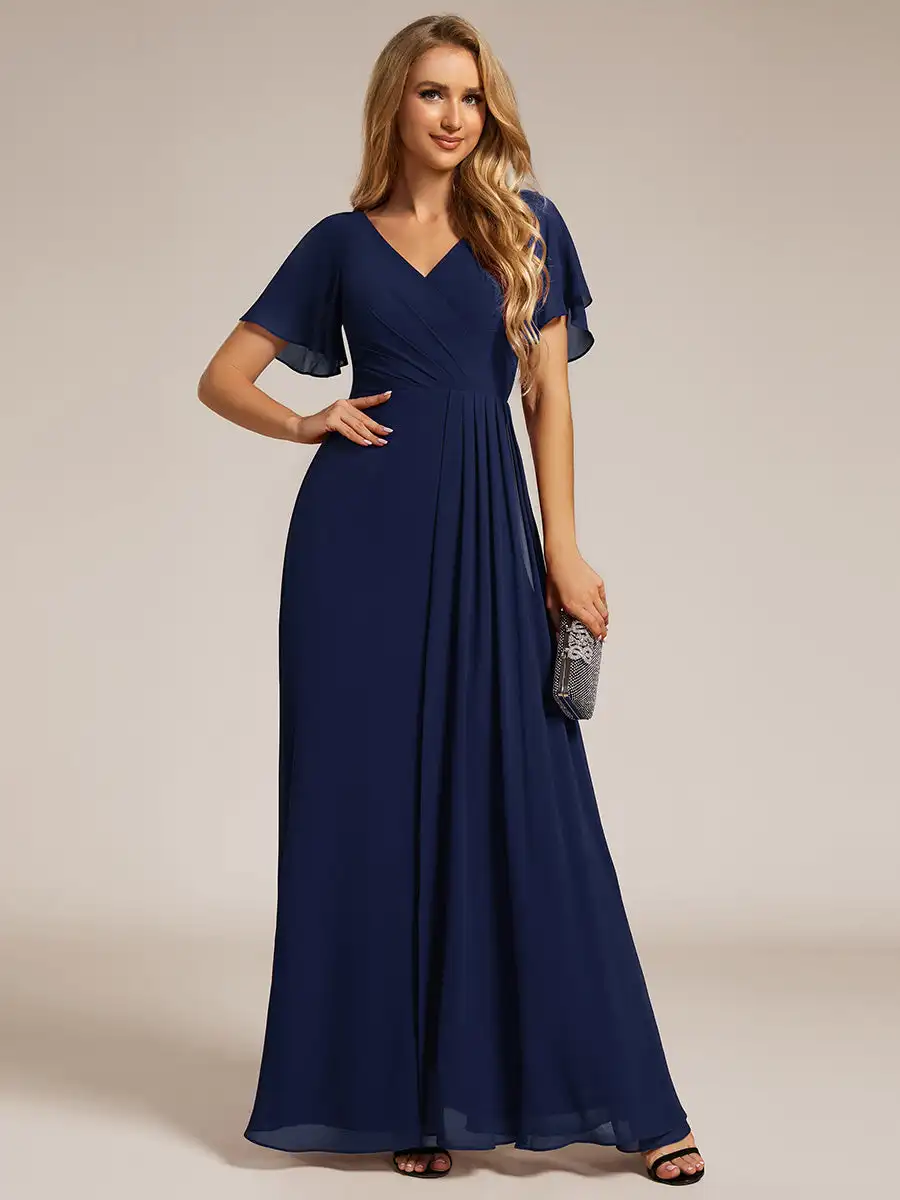 

Sexy Evening Dresses V-Neck lotus leaf ruffles sleeves Floor-Length 2025 Ever Pretty of Chiffon Navy Blue Bridesmaid dress