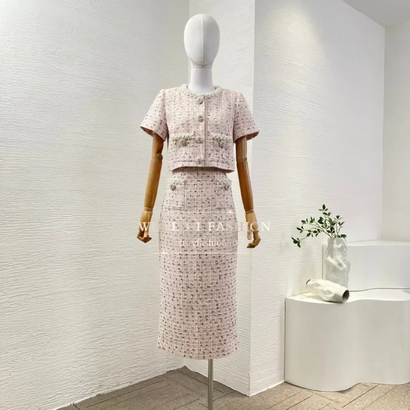 

Pink Short Sleeve Tweed Jacket Tops and Skirt Sets 2025 New