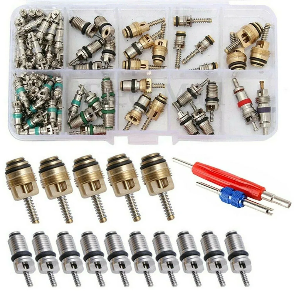 102Pcs Car Air Conditioner Valve Cores Assortment A/C AC Shrader Valve Core & Tool R134 R12 HVAC Valves Kit Auto Accessories