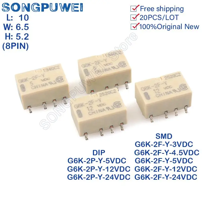 20Pcs/Lot SMD Signal Relays G6K-2F-Y DC 5V 12V 24V DPDT G6K-2F-Y-12VDC G6K-2F-Y-24VDC G6K-2F-Y-5VDC G6K-2P-Y DIP Relay Original