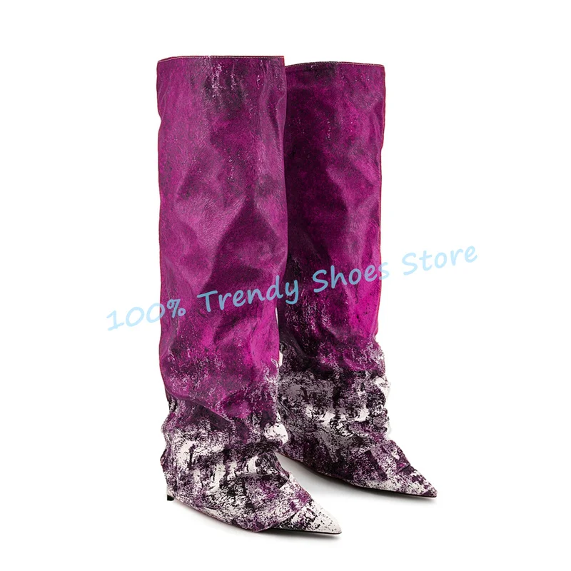 

Design Mixed Color Gradient Women Pleated Long Boots Sexy Pointed Toe Wedges Patchwork Knee-High Boots Ladies Winter Warm Boots