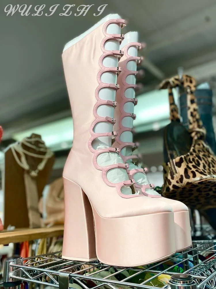 Sweet Pink Silk Hollow Women\'s Boots Summer Trendy Platform Belt Buckle Zipper Super High Heel Lolita Knee High Boots