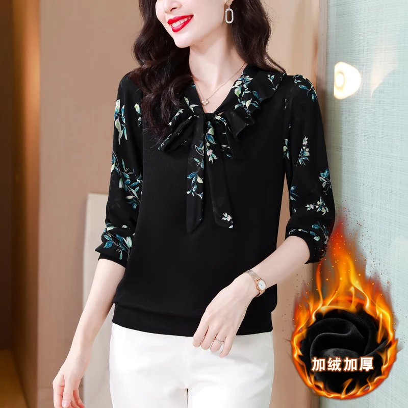 New Winter Velvet Inside Thick Women Shirts Chic Fake 2 Pieces Pullovers Tops Women Fashion Printed Bow Neck Basic Shirts Femme