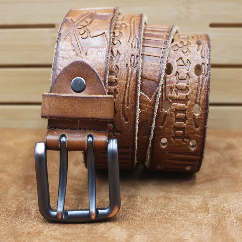 Western Gun Letter Design Embossed Leather Retro Pin Buckle Men Belt Fashion Cowboy Jeans Belt for mens
