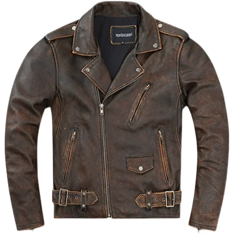 

Cowhide Leather Leather Coat Men's Retro Distressed Motorcycle Cycling Clothing Trendy Youth LapeSpring and Autumn Coat