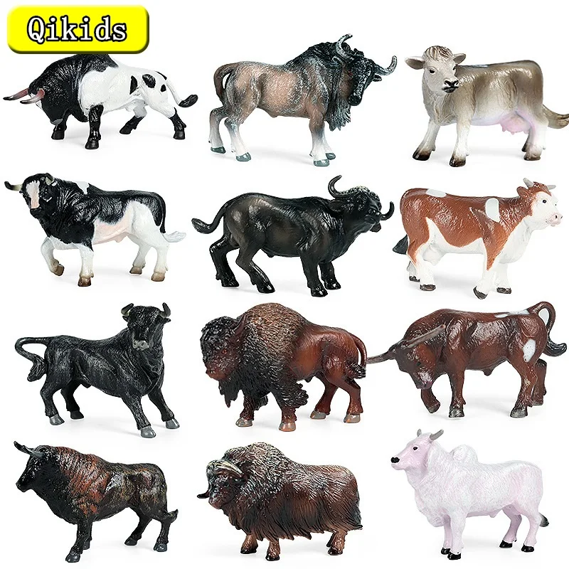 Jeu de figurines d'animaux sauvages en PVC, modèle de Simulation d'animaux sauvages, taureau, Bison, Ranch, vache, jouets, cadeau de noël pour enfants