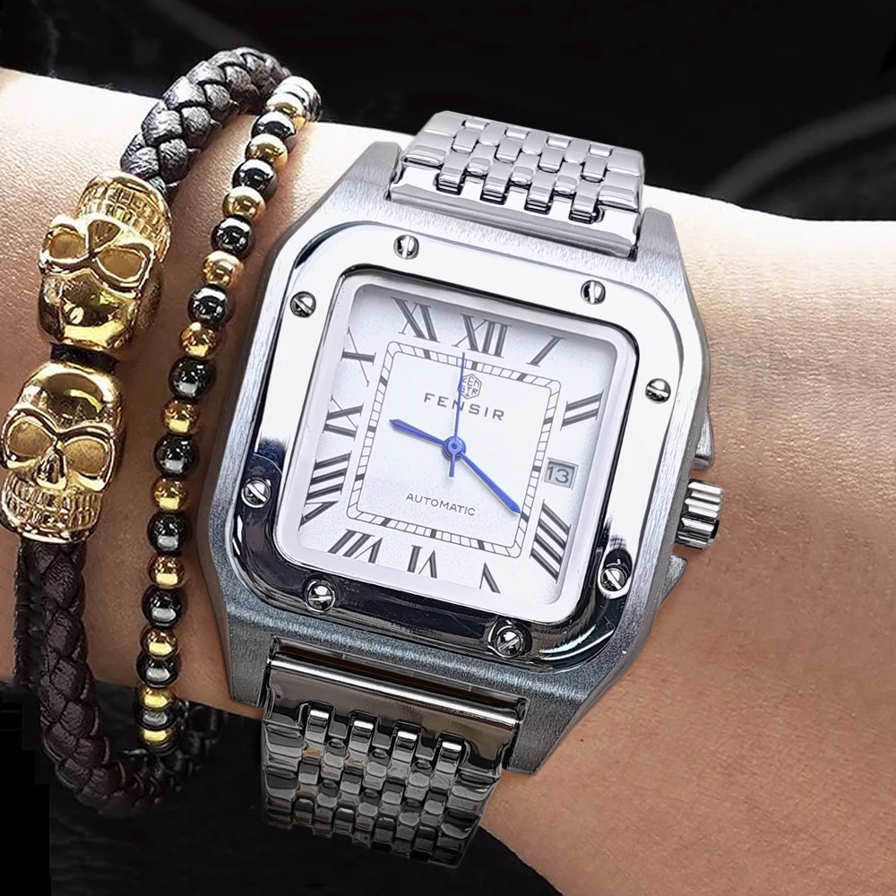 ساعة رجال الأعمال الفاخرة من سلسلة Santos Tank، مينا مربعة، مع عرض التقويم، حزام مشبك على شكل فراشة من الفولاذ المقاوم للصدأ، ساعة يد رجالية عصرية كاجوال وبسيطة وأنيقة، أفضل هدية له