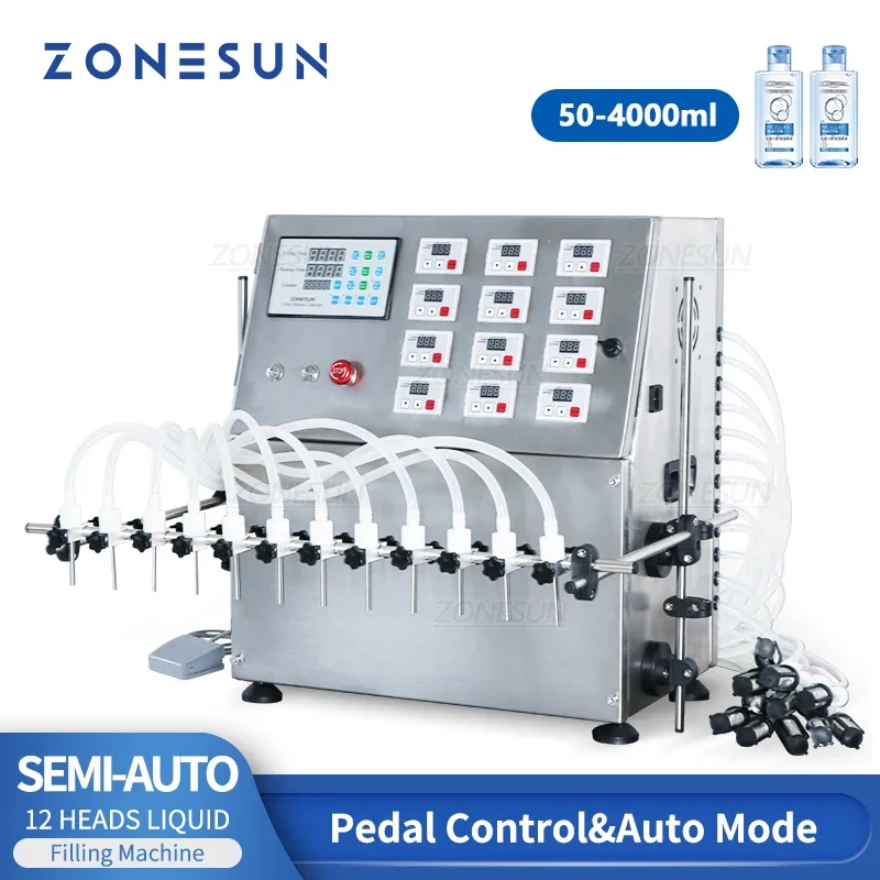 ZONESUN ZS-DPYT12P 12 Heads 50-4000ml Semi Automatic Diaphragm Pump Juice Liquid Bottle Water Filling Machine