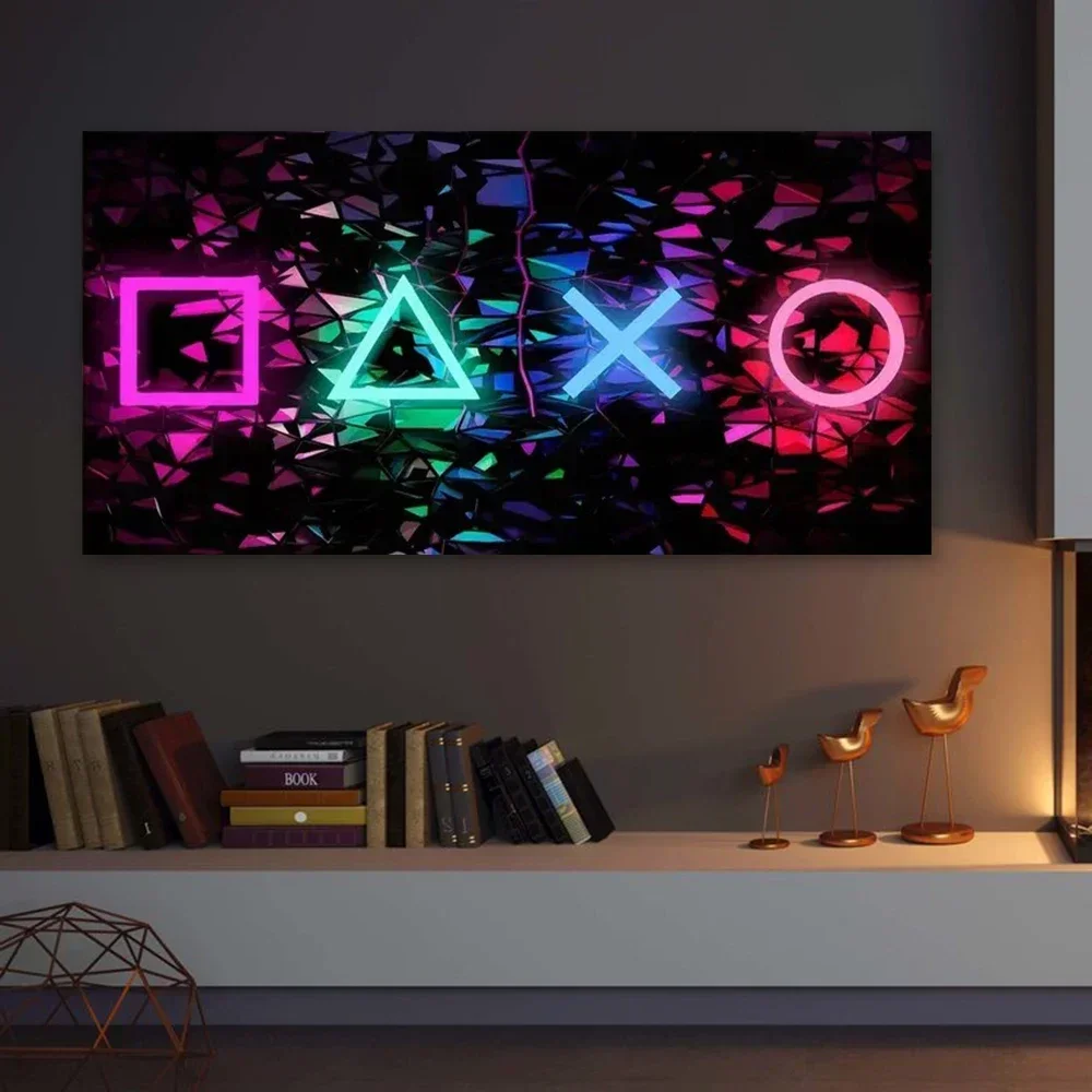1pc frameless Canvas Painting Creative Neon Game Symbol Poster Printing, Wall Art Pictures, Boy Room Decoration, Birthday Gift,