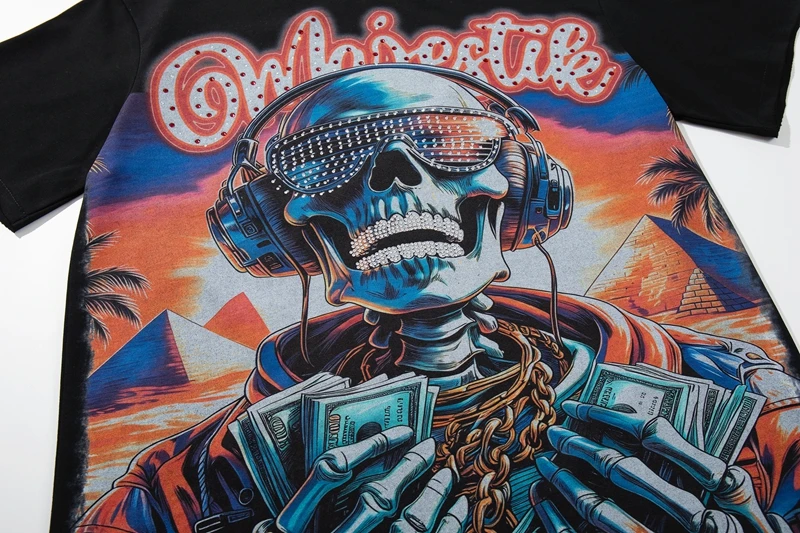 Herren-T-Shirt mit Strass-Totenkopf-Grafik, Hip-Hop-DJ-Skelett-Print, Y2K-Streetwear, Oversize-Baumwoll-Oberteil, Unisex-Sommer-T-Shirt – Detail 7
