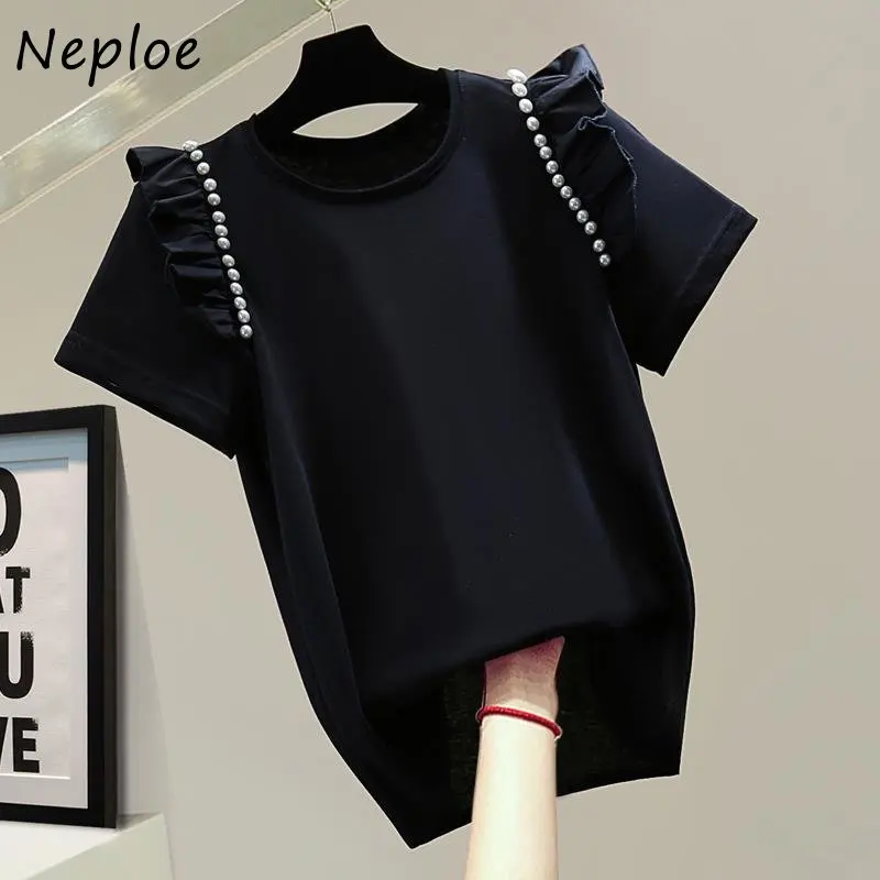 Neploe Coreano Allentato Sottile Top 2024 Estate Lavoro Pesante Pannello di Perline Increspature Magliette di Colore Solido Moda Casual T-shirt a