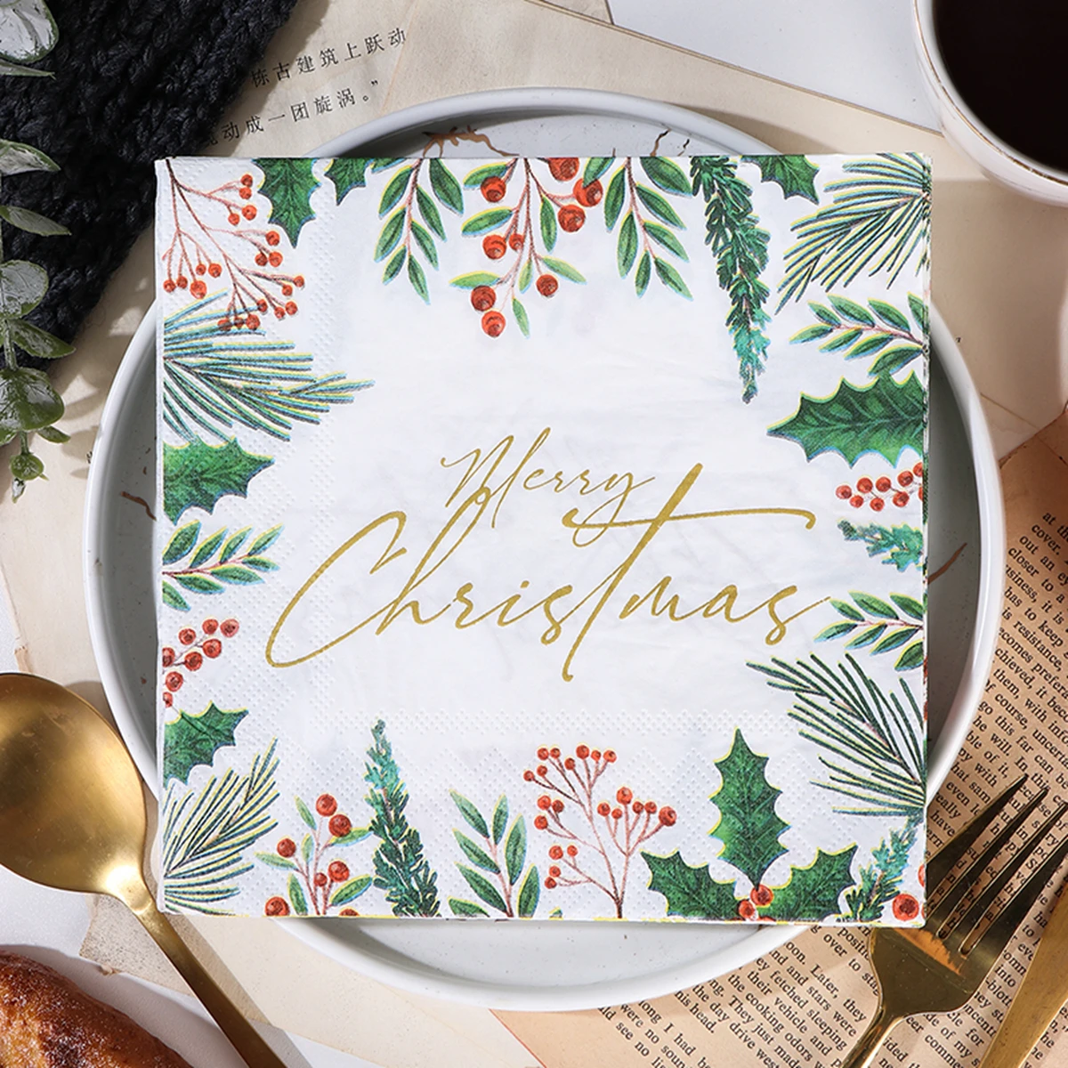 Christmas Paper Napkins Merry Christmas Holly Berry Leaf Disposable Decorative Paper Napkins For Xmas Dinner Table Party Decor - view 2