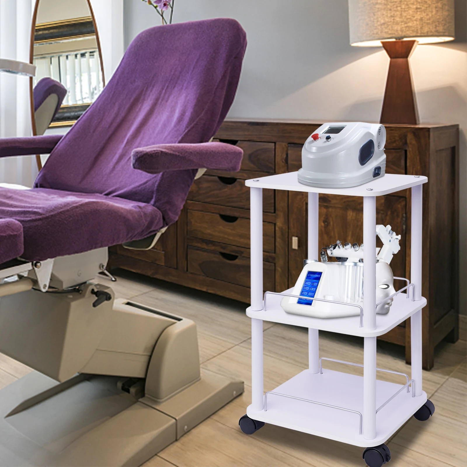 Carrinho ABS branco de 3 andares com alta carga (88 libras) Rack de armazenamento Veículo de armazenamento multifuncional