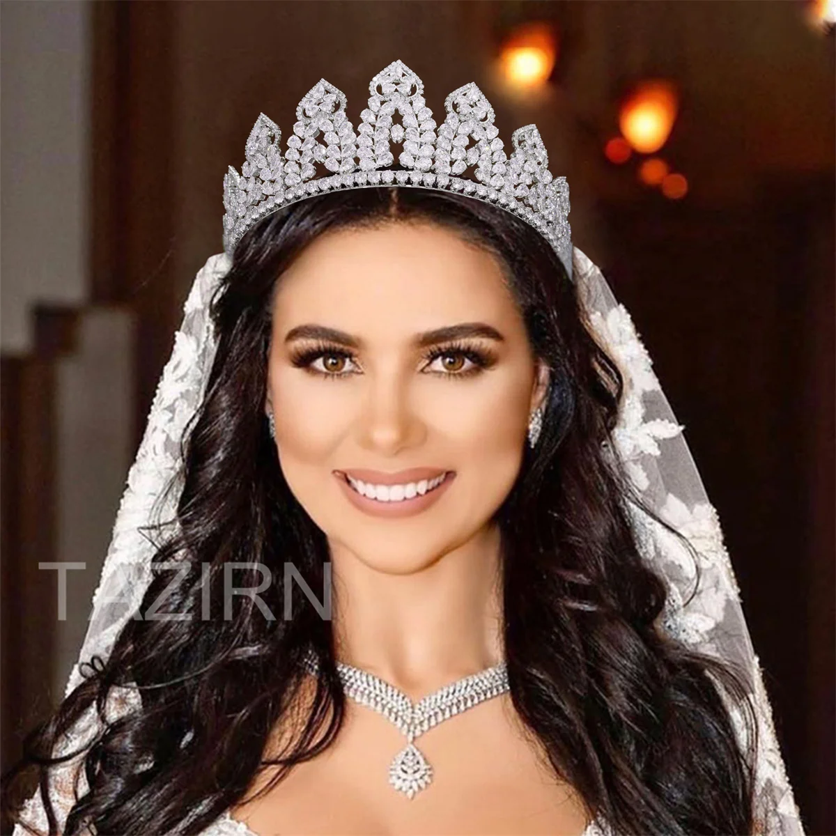 TAZIRN CZ Crowns New Bridal Wedding 5A Cubic Zirconia Tiaras Lengthen Headdress Women's Anniversary Party Hair Accessories Gifts