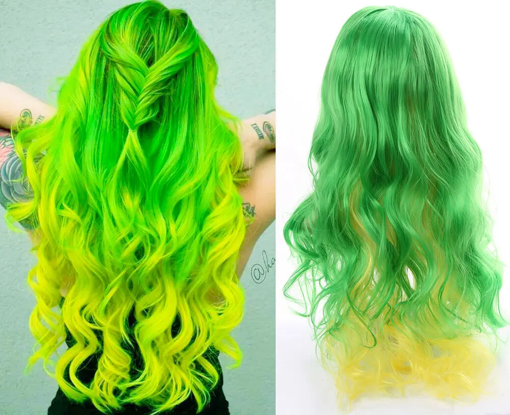 Perucas de corpo longo para mulheres, cabelo sintético, verde e amarelo, presente cosplay, moda