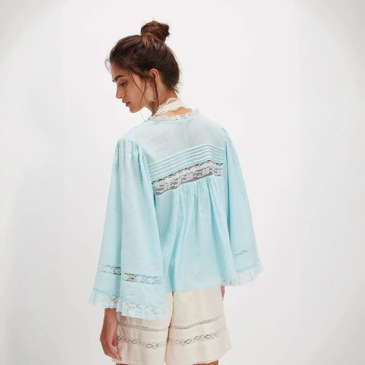 Estate New Sle Allentato Lungo Sve Patchwork di pizzo da donna irt V-Ne Ele Top aderente per ragazze Design Faion
