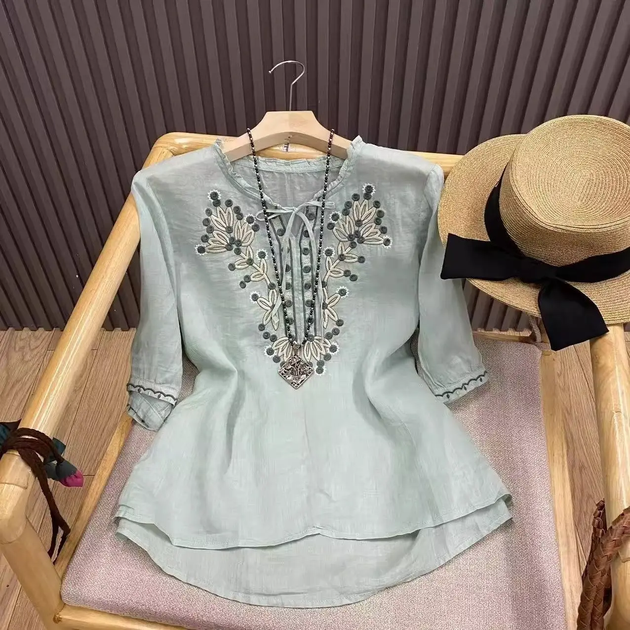 Light Green Embroidered Floral Blouse Women Loose Bohemian Style Three Quarter Sleeve O Neck Pullover Blouse Summer Lightweight