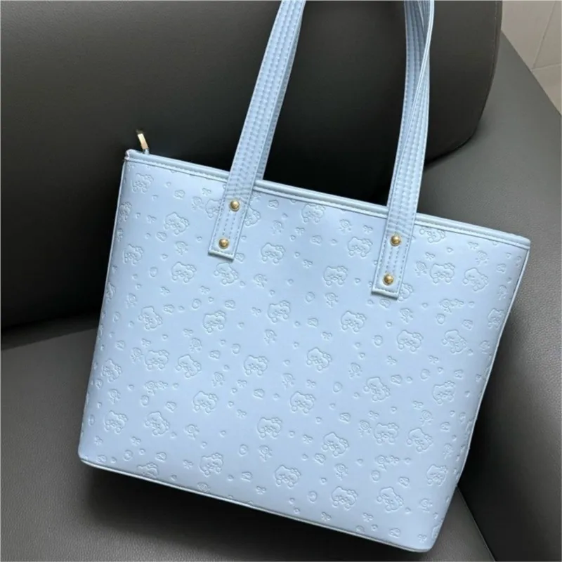 JIAERDI Pastel Blue Printed Bear Tote Bag Women Sweet Cute Daily Versatile Shoulder Bag Ladies Spacious Leather Unique Handba