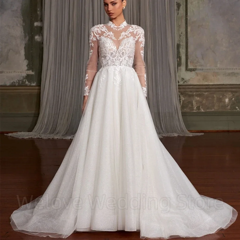 Squisito abito da sposa da sposa collo alto con applicazioni in tulle maniche lunghe illusione a-line lucido lunghezza pavimento abiti da sposa abito