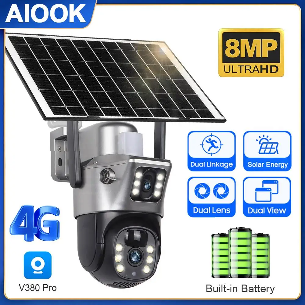 AIOOK V380 PRO 4G Solar Camera HD 8MP Dual Lens PTZ Camera Outdoor Waterproof IP CCTV Two-Way Intercom Night Vision Camera