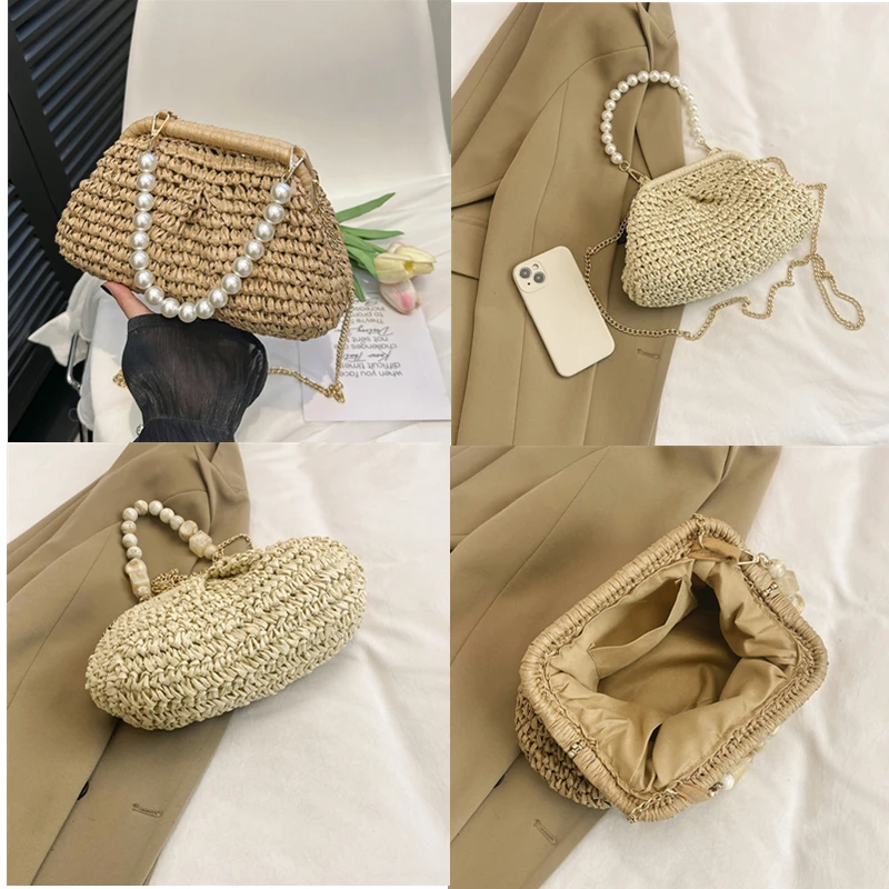 Modna damska torebka ze słomy na wakacje torba na plażę żeńska rattanowa torba na ramię Crossbody luksusowy Design małych pań tkana torebka 2024
