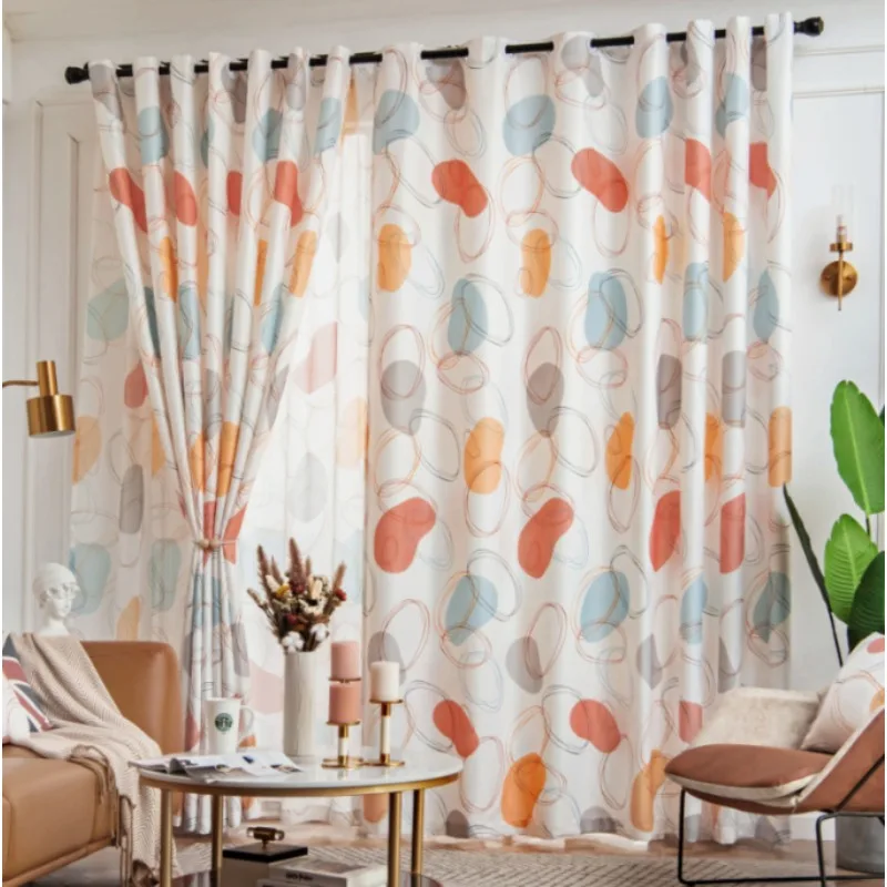 Nordic Ins Style Morandi Hand-painted Coil Strips Small Clear Blackout Curtains Living Room Bedroom Balcony Curtains