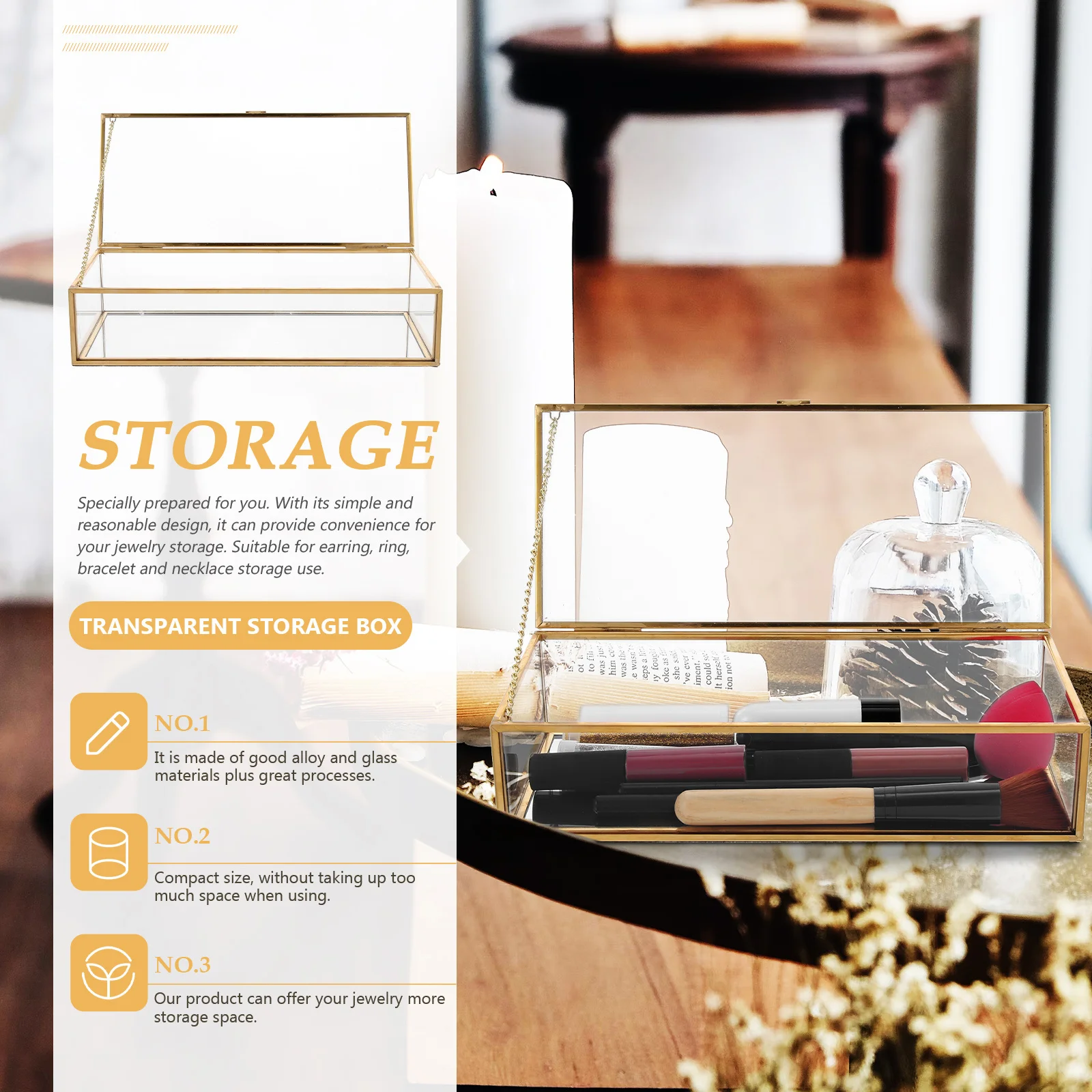 

Нежный органайзер для ювелирных изделий, прозрачная коробка для личного дома или магазина, прочный дизайн из сплава и стекла