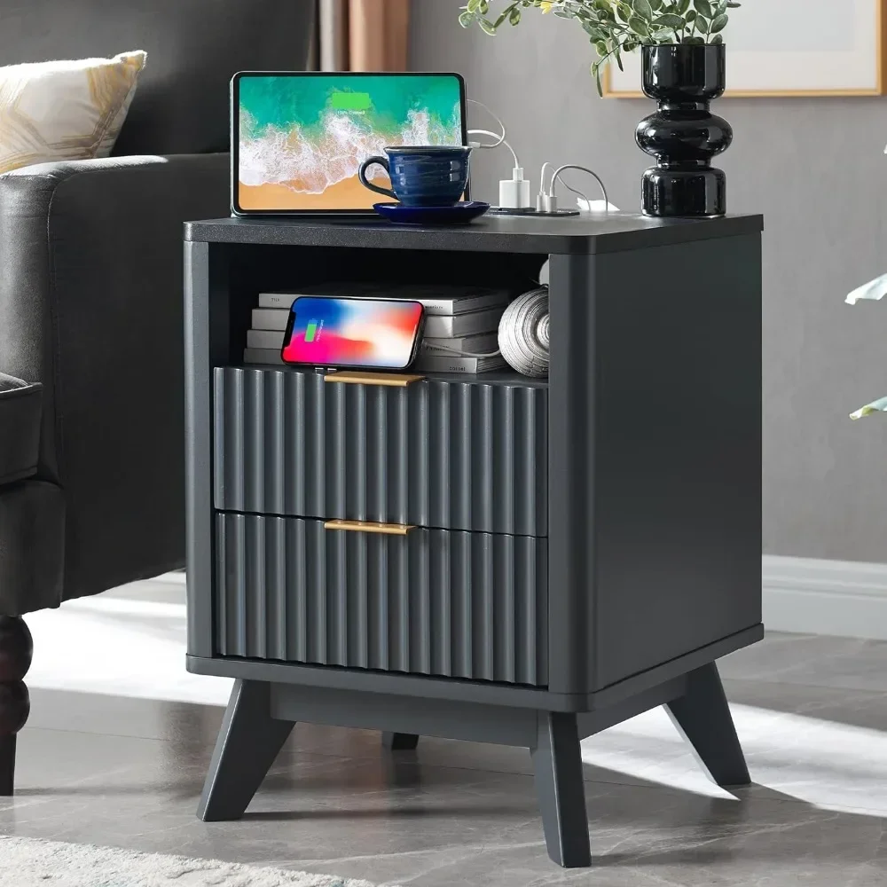 Fluted Nightstand with Charging Station, 18