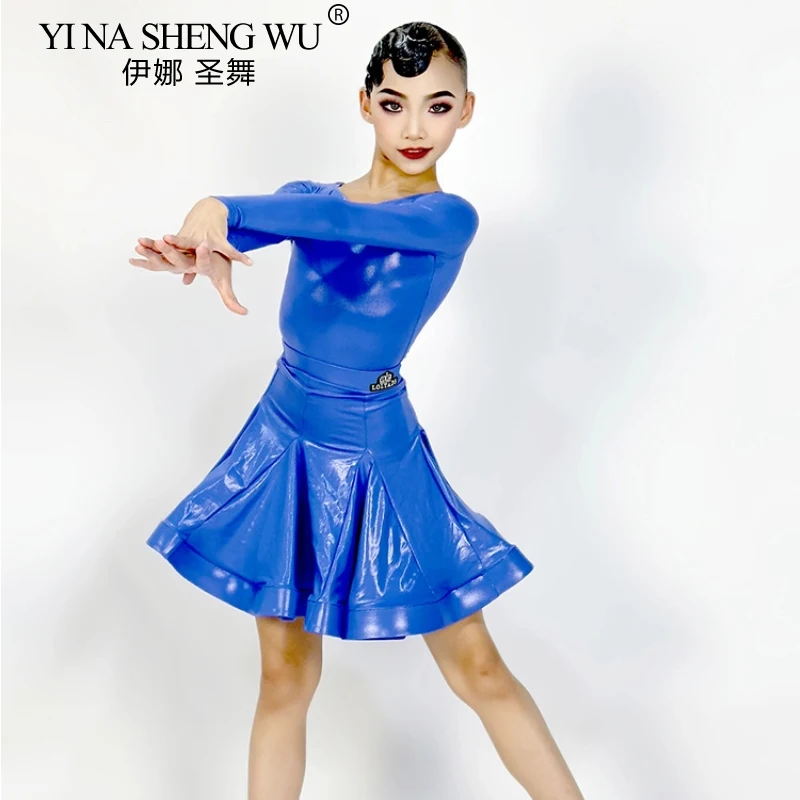 Nuovo vestito da ballo latino per ragazze in pelle brillante a maniche lunghe diviso Set per bambini Costume da ballo latino professionale Cha-cha