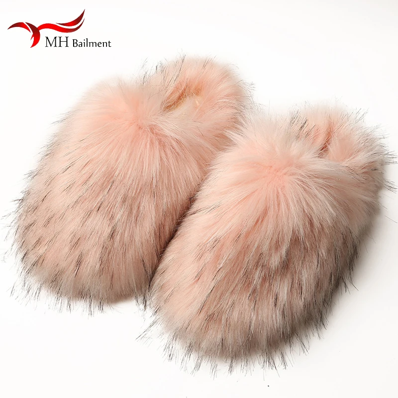 Luxury Faux Fur Slippers Women Autumn Winter New Plush Home Non-slip Warm Cotton Fur Slides Men Indoor Flat Half Slippers Shoes