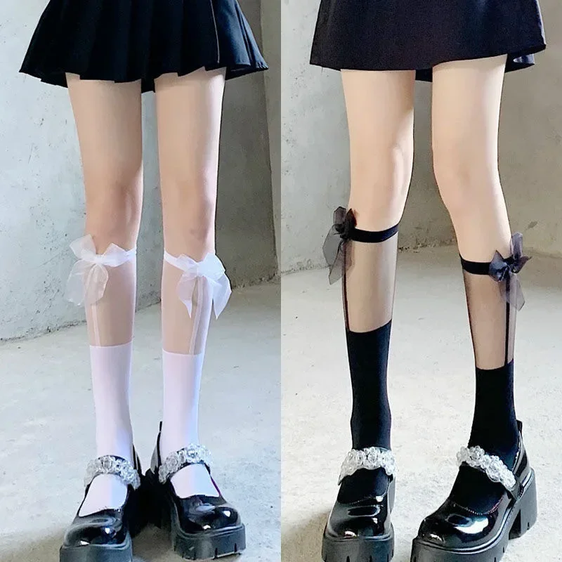 

Bow Knot Socks Girls Lolita Japanese Style Sweet Patchwork JK Calf Socks Summer Thin Transparent Long Stockings Hosiery