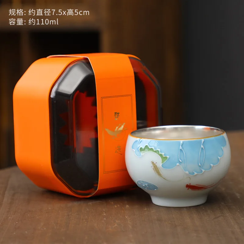 

999 Pure Silver Master White Porcelain Hand-painted Underglaze Color Gold-plated Single Cup Kung Fu Tea S
