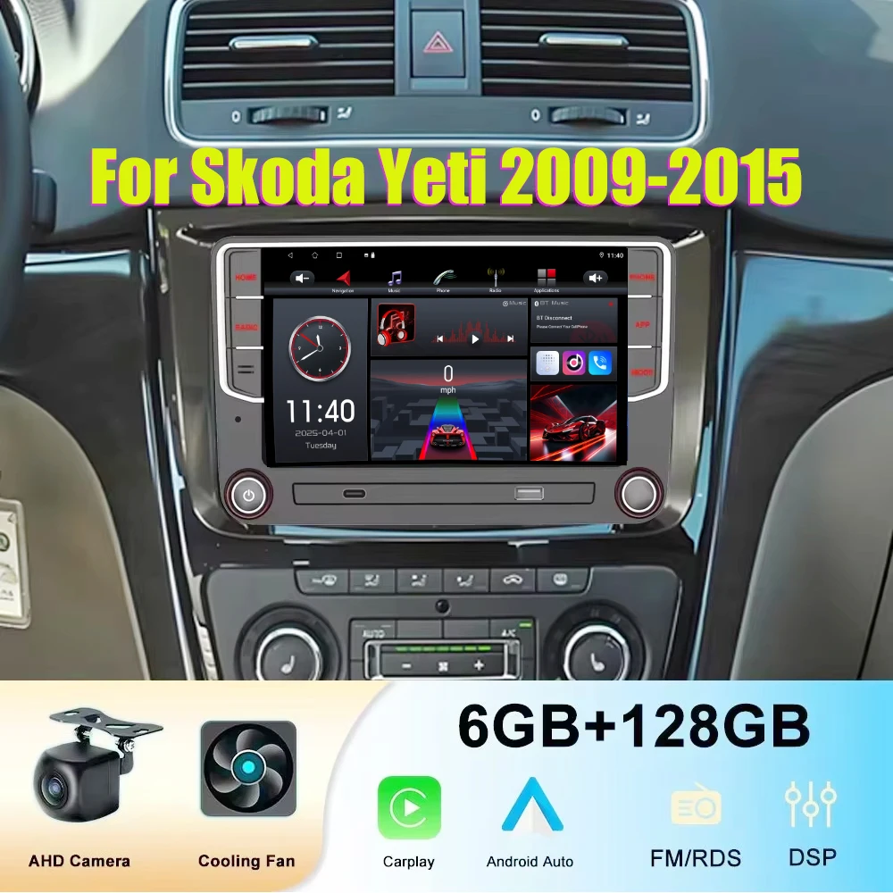 

7" 6+128GB For Skoda Yeti 2009-2015 Car Radio Wireless Carplay Android Auto Head Unit Bluetooth Navigation