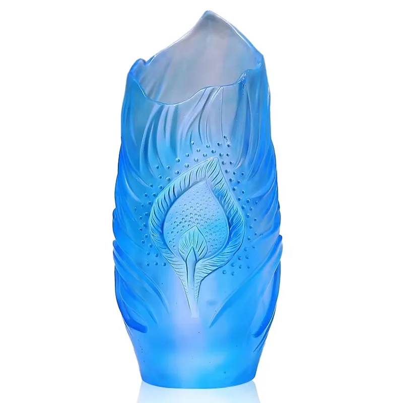 26cm Floral Embossed Carved Liuli Crystal Glass Vase Die-cut Printed Lost Wax Casting Art Wholesale for Home Decor Gift Ornament
