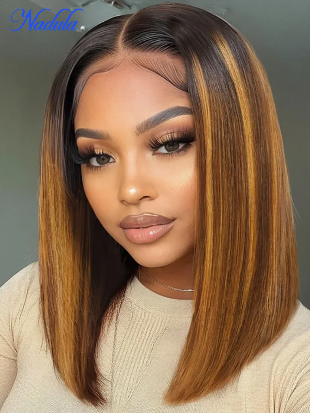 

Nadula Bye-Bye Knots 7x5 Honey Brown Piano Highlight Bob Wig With Dark Roots Put on and Go Wig Invisible Knots Wig