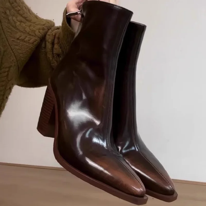 

New Vintage Brown Women Ankle Boots Fashion Elegant Square Toe Shoes Autumn Winter Thick Heel Women's Short Booties