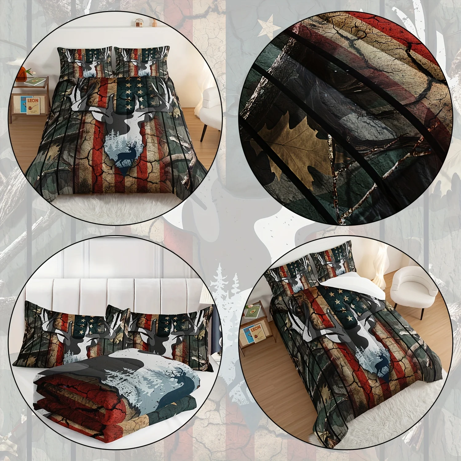 Polyester Duvet Set With Deer And Forest Print, 3pcs Duvet Cover + 2 Pillowcases