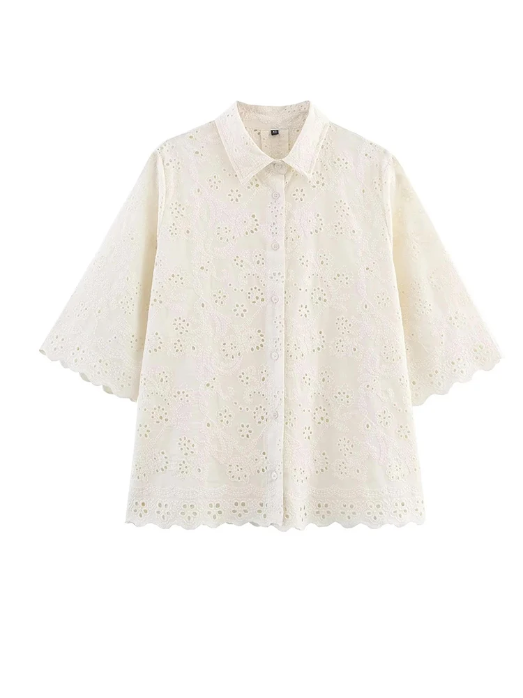 

Summer Hollow Out Embroidery Shirts Women Loose Half Sleeve Tops Blouses