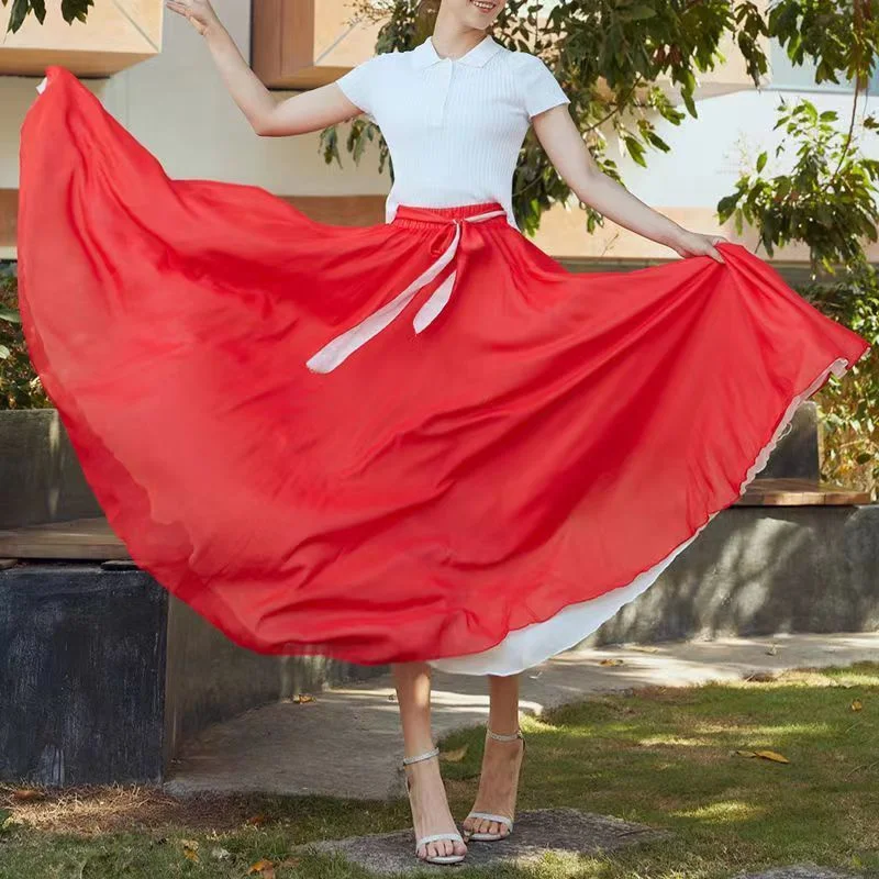Both Sides Can Wear Dance Skirt Women Double Chiffon Skirts Elastic Waist Lace-up Maxi Skirts Elegant Female Big-hem Skirts 2026