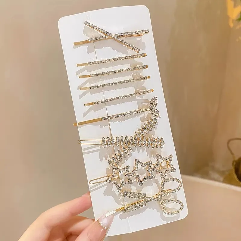 

9pcs hair clip fashion set for women's imitation diamond hair clip headwear, high-end sense, simple style, straight clip