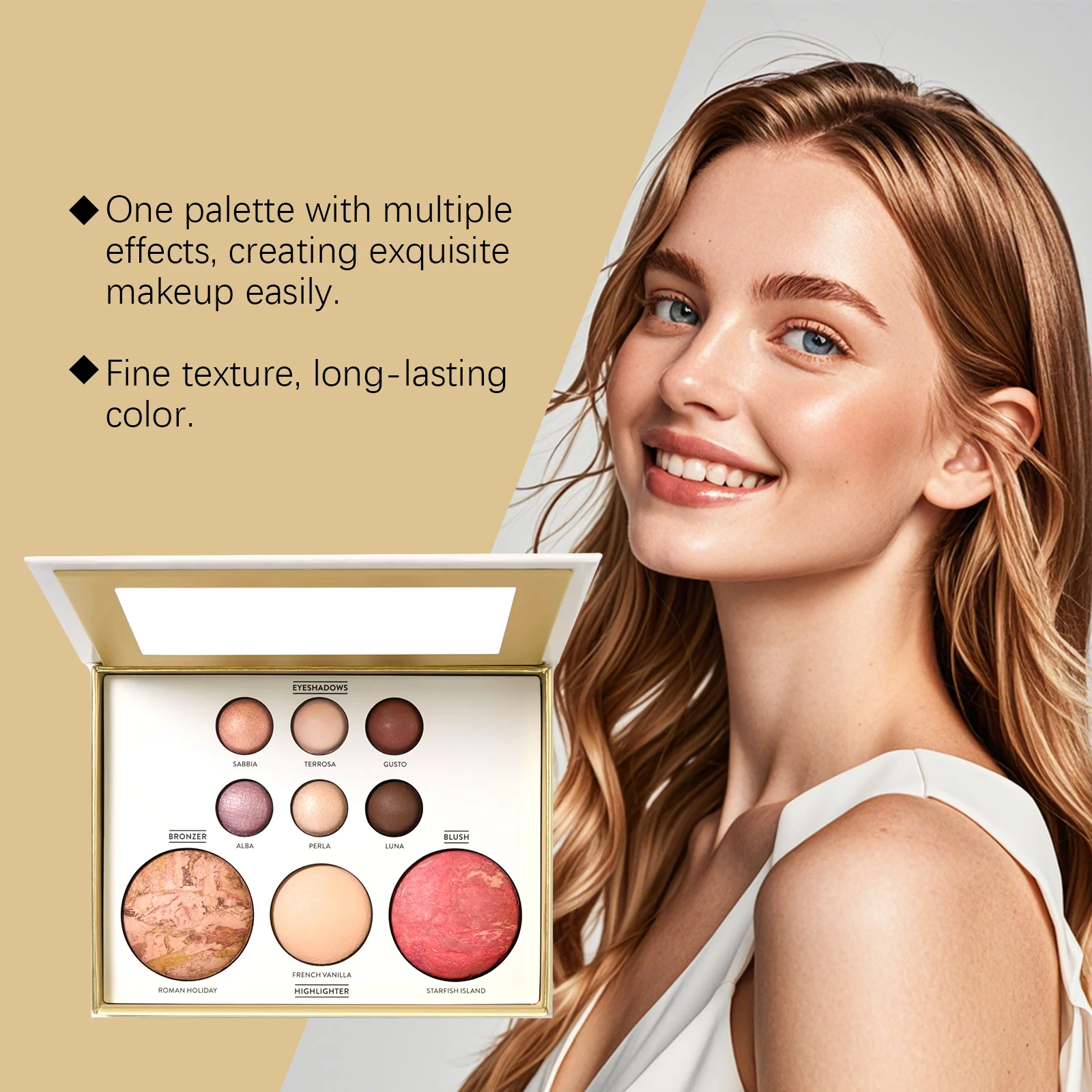 Tavolozza per trucco all-in-one con ombretto, contorno, fard, evidenziatore e illuminante per palpebre in uno; Trucco versatile