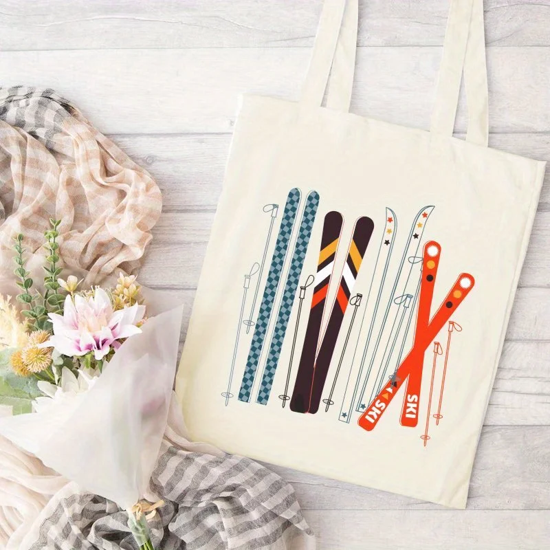 The Mixed Colors Are a Normal Manufacturing Phenomenon, Not Defects. Funny Skiing Tote Bag, a Handbag with Ski Equipment Print,
