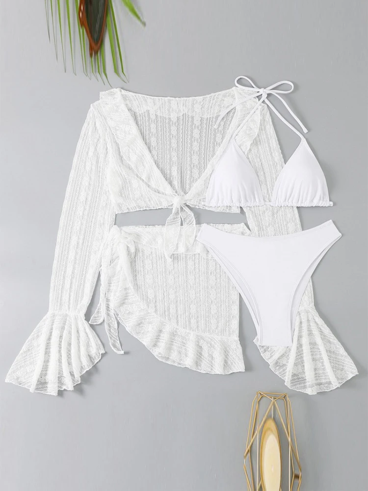 2025 مثير أربع قطع النساء ملابس السباحة طويلة الأكمام التستر ملابس الصيف الصلبة مجموعة البكيني البرازيلي بحر حفلة ثوب السباحة