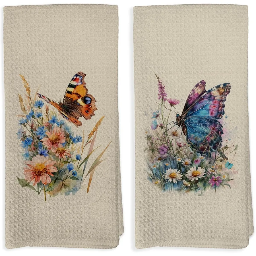 

Винтажные кухонные полотенца с цветочным принтом и бабочкой, набор из 2-х разноцветных чайных полотенец для фермерского дома с полевыми цветами для кухни, декора ванной комнаты